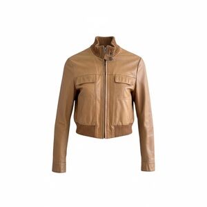 VINTAGE Guess Leather Bomber Jacket - Tan - Size XS - Y2K